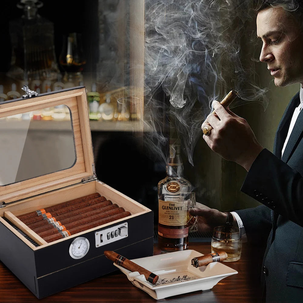 Humidor da Tavolo in Legno di Cedro con Vetro Temperato, Igrometro Digitale e Cassetto Accessori