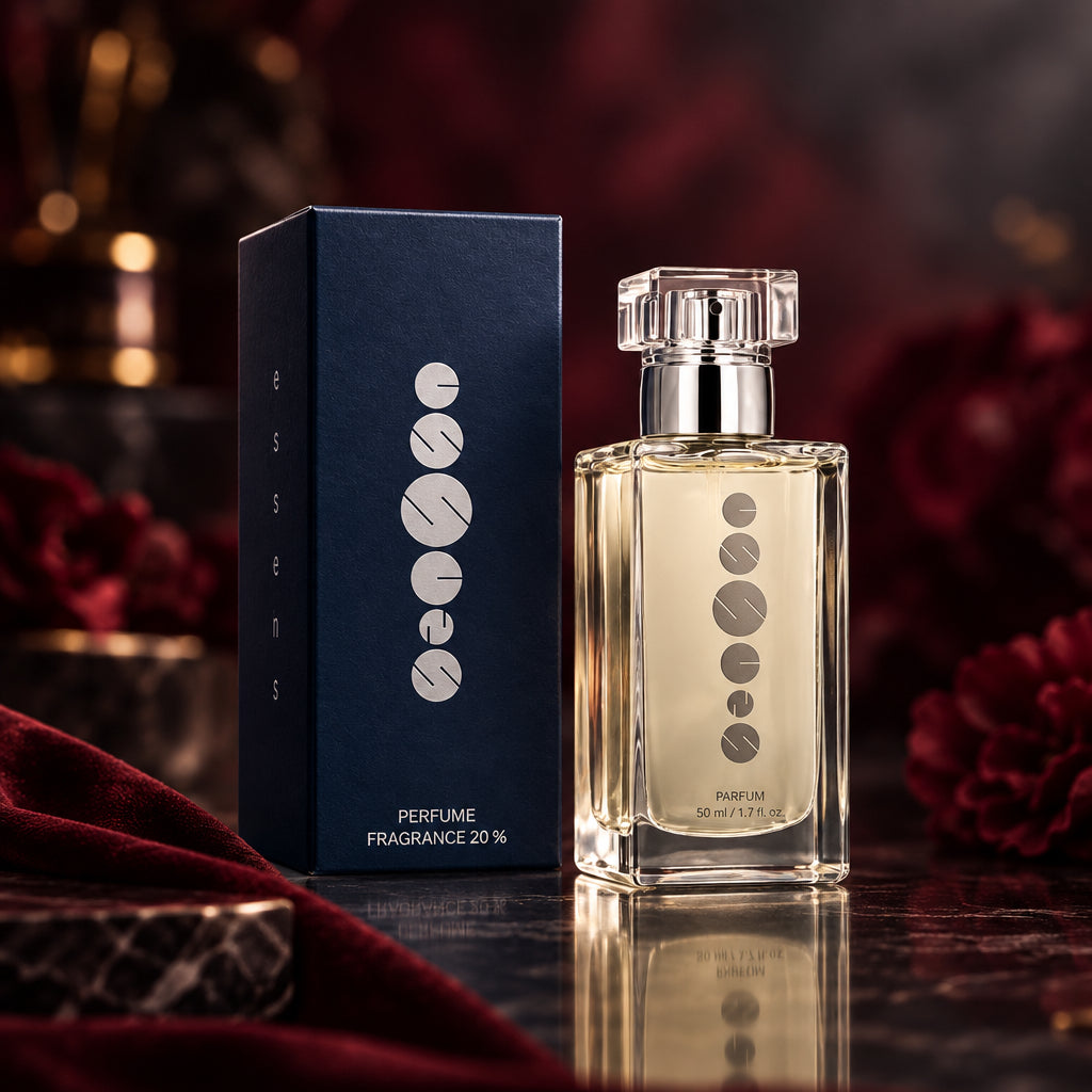 Profumo ESSENS da 50 ml con confezione blu su sfondo bianco