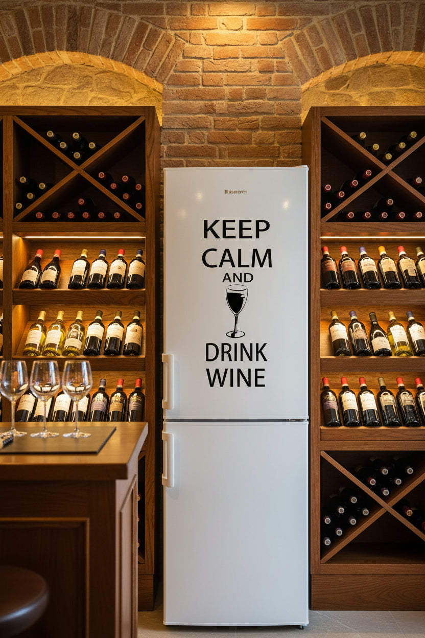 Decorazione murale per bar, pub, casa, vino, adesivo in vinile con citazione "Keep Calm and Drink Wine" e motivo a calice di vino.