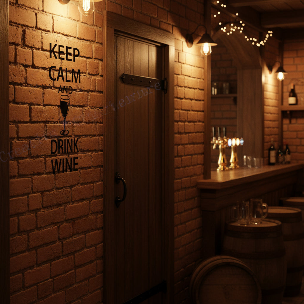 Decorazione murale per bar, pub, casa, vino, adesivo in vinile con citazione "Keep Calm and Drink Wine" e motivo a calice di vino.