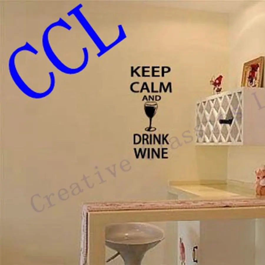 Decorazione murale per bar, pub, casa, vino, adesivo in vinile con citazione "Keep Calm and Drink Wine" e motivo a calice di vino.