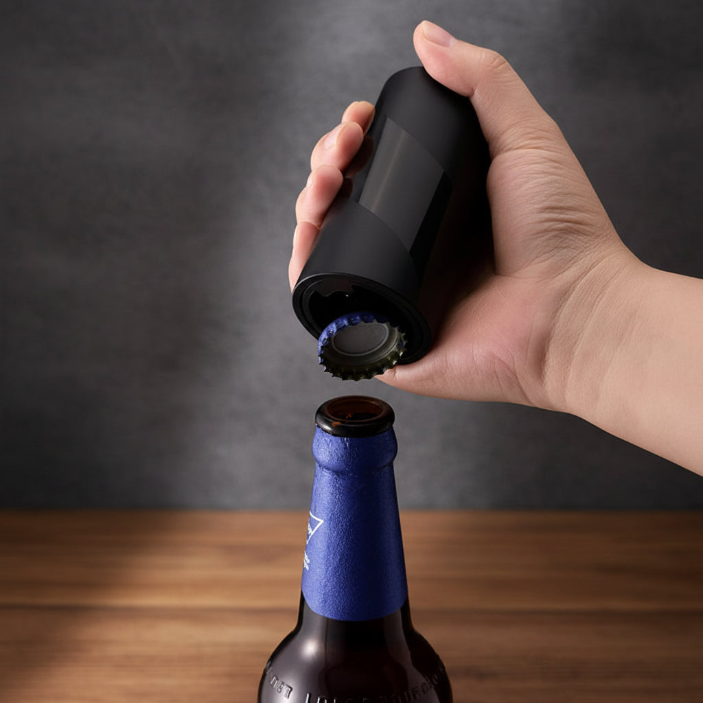 Apribottiglie magnetico portatile automatico con raccoglitore di tappi, ideale per picnic, campeggio, barbecue e viaggi, senza danneggiare il tappo.