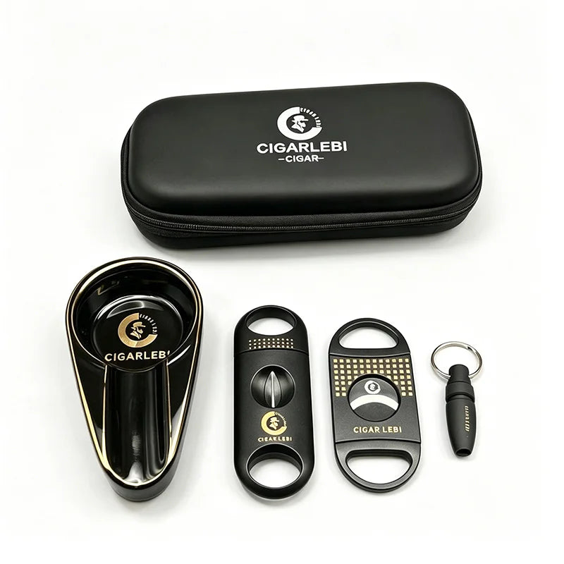Set 4 Accessori per Sigari – Tagliasigari V-Cut, Taglio Dritto, Posacenere e Punch con Custodia Rigida