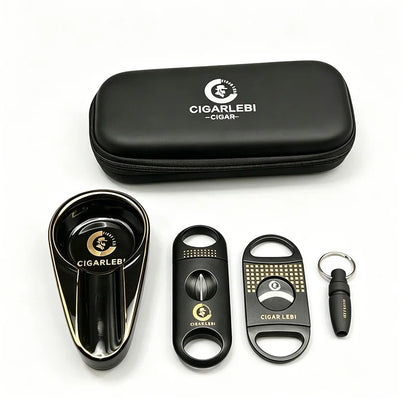 Set 4 Accessori per Sigari – Tagliasigari V-Cut, Taglio Dritto, Posacenere e Punch con Custodia Rigida