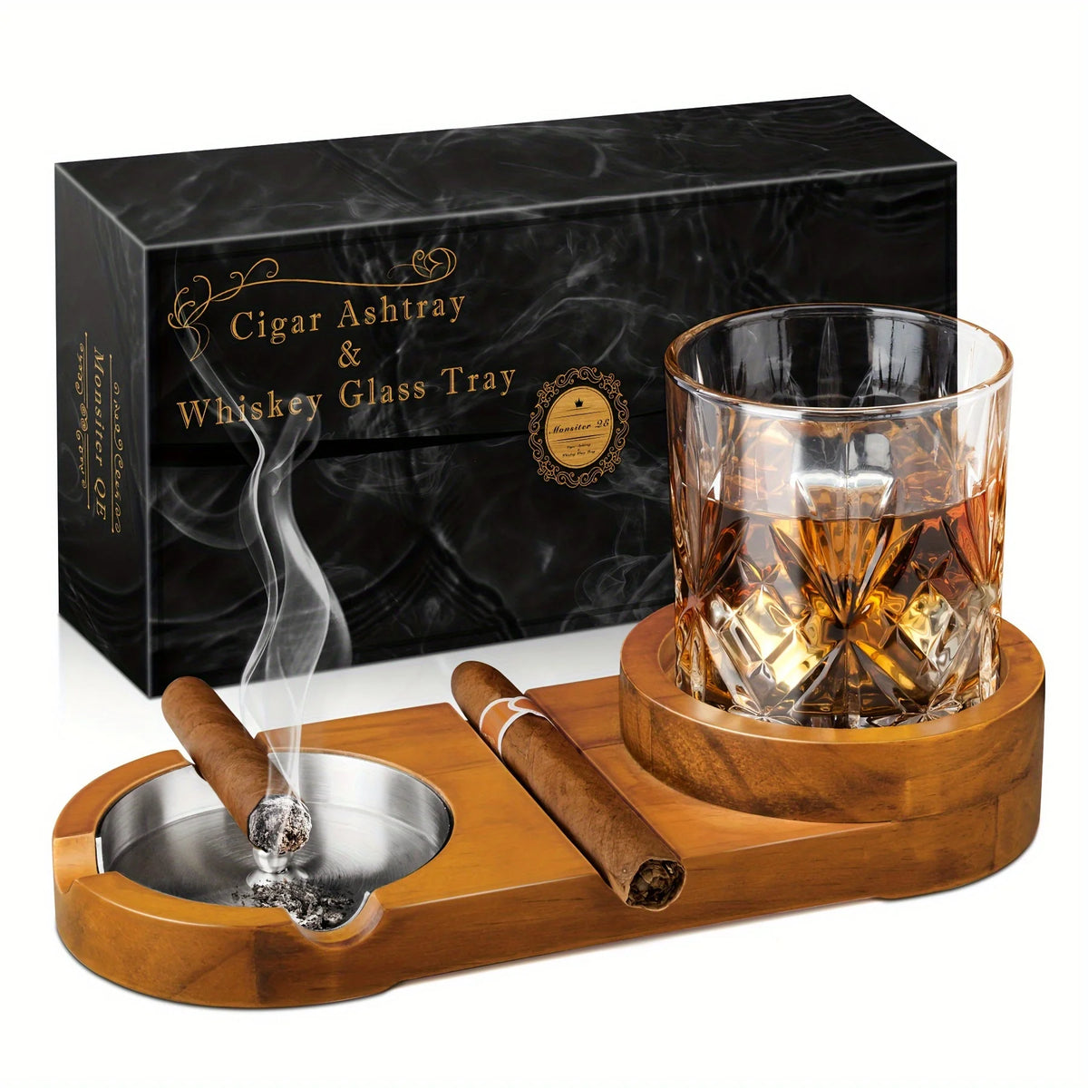 Posacenere con Porta Bicchiere da Whiskey e Sigaro — Vassoio in Legno Rimovibile, Uso Interno ed Esterno