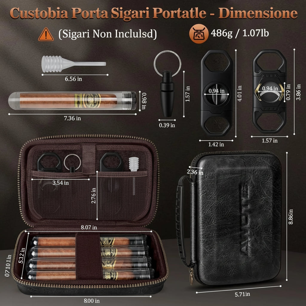 Custodia Sigari in Pelle con 4 Tubi – Taglierina Piatta, V-Cutter e Perforatore Inclusi