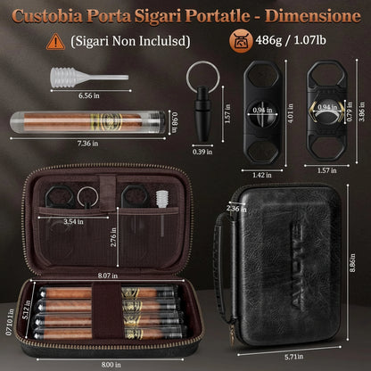 Custodia Sigari in Pelle con 4 Tubi – Taglierina Piatta, V-Cutter e Perforatore Inclusi