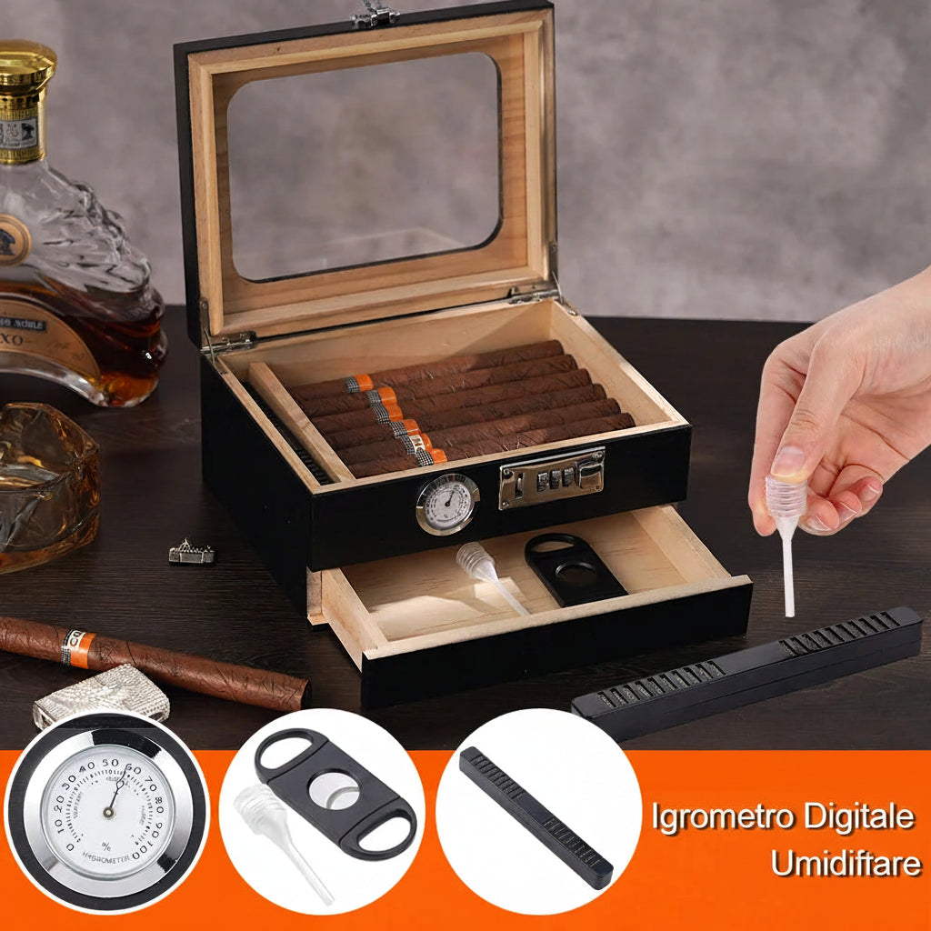 Humidor da Tavolo in Legno di Cedro con Vetro Temperato, Igrometro Digitale e Cassetto Accessori