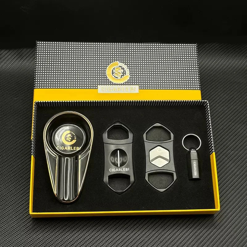 Set 4 Accessori per Sigari – Tagliasigari V-Cut, Taglio Dritto, Posacenere e Punch con Custodia Rigida