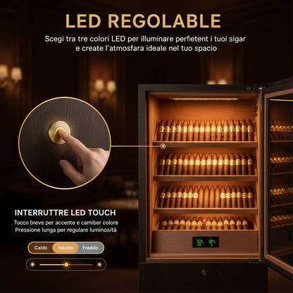 Cantinetta Portasigari in Legno di Cedro | LED, Igrometro Digitale, 2 Umidificatori, fino a 100 Sigari