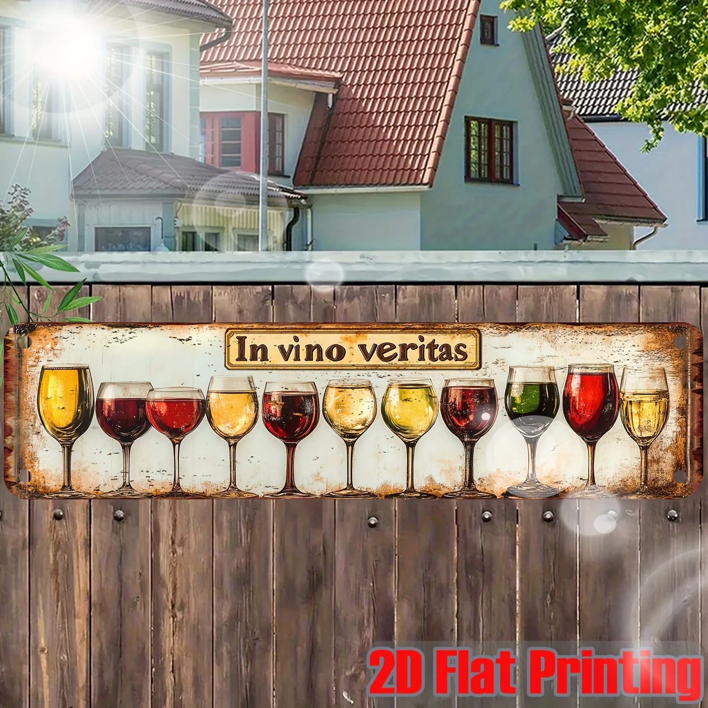 Insegna in metallo vintage "In Vino Veritas", targa decorativa da parete retrò con stampa piatta 2D a forma di bicchieri da vino, poster classico per bar, pub e cucina.