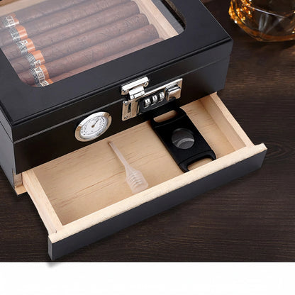 Humidor da Tavolo in Legno di Cedro con Vetro Temperato, Igrometro Digitale e Cassetto Accessori