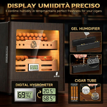 Cantinetta Portasigari in Legno di Cedro | LED, Igrometro Digitale, 2 Umidificatori, fino a 100 Sigari
