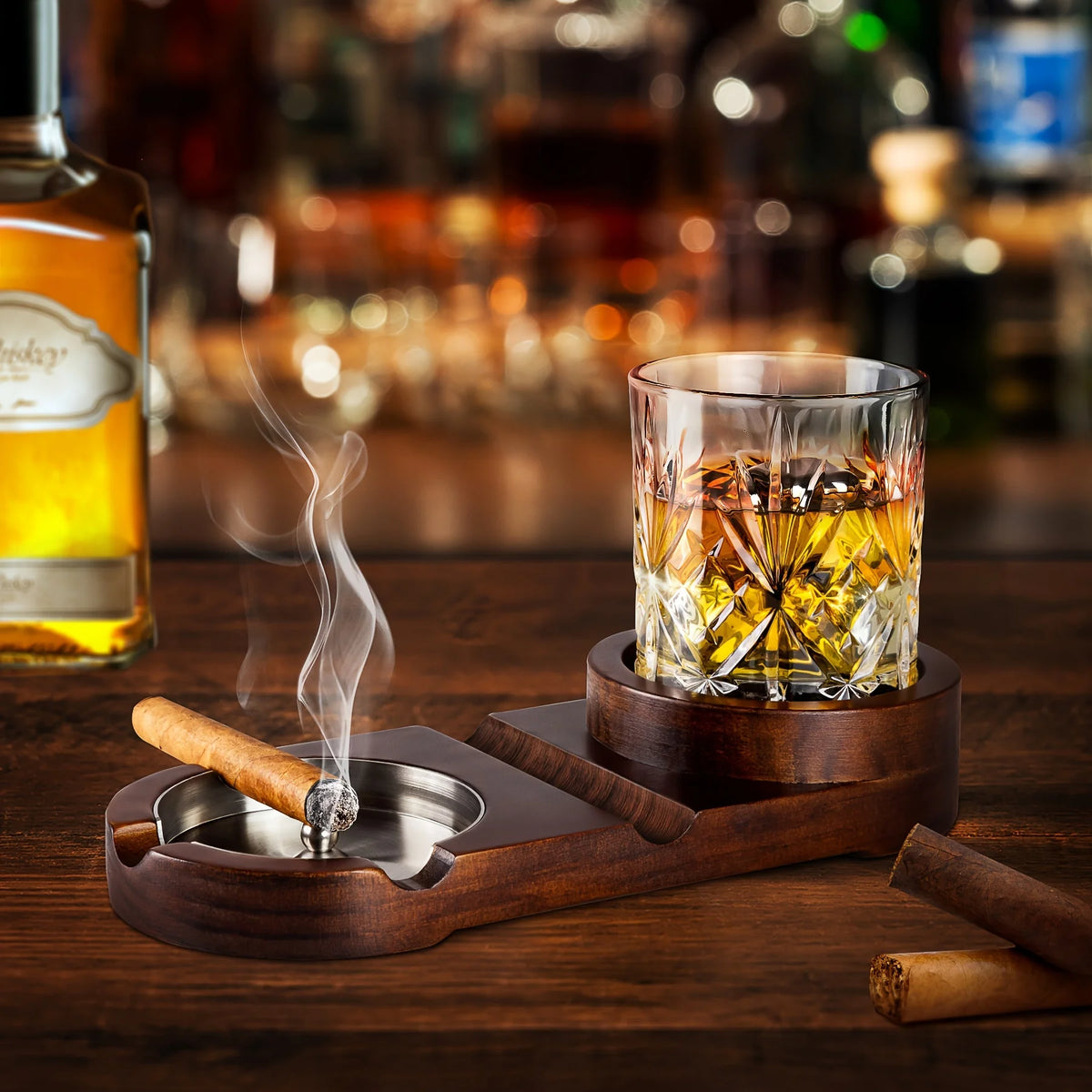 Posacenere con Porta Bicchiere da Whiskey e Sigaro — Vassoio in Legno Rimovibile, Uso Interno ed Esterno