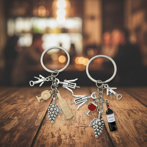 1 portachiavi alla moda a forma di bicchiere da vino rosso in lega, con uva, apribottiglie, ideale per chiavi dell'auto, zaini e portafogli.
