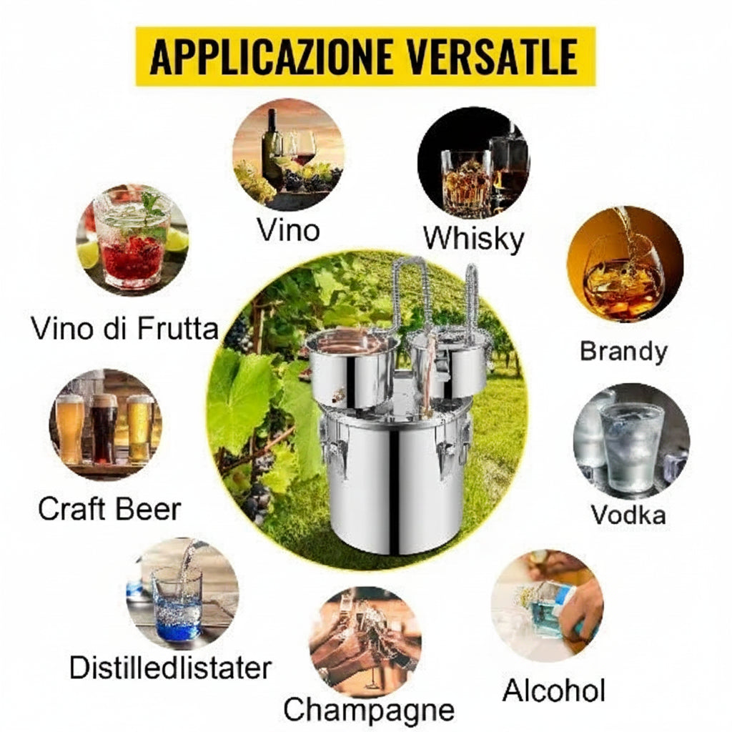 Distillatore in Acciaio Inox per Alcolici – 12L, 20L, 30L, 50L | Alambicco Professionale per Whisky, Brandy e Distillati