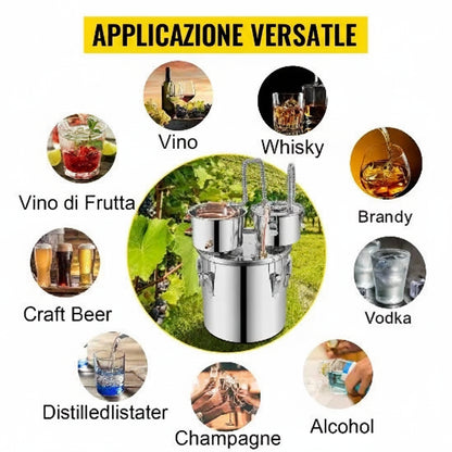 Distillatore in Acciaio Inox per Alcolici – 12L, 20L, 30L, 50L | Alambicco Professionale per Whisky, Brandy e Distillati
