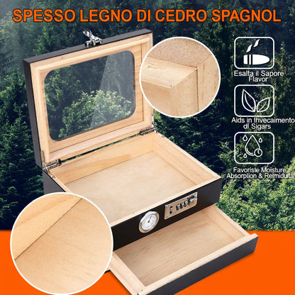 Humidor da Tavolo in Legno di Cedro con Vetro Temperato, Igrometro Digitale e Cassetto Accessori