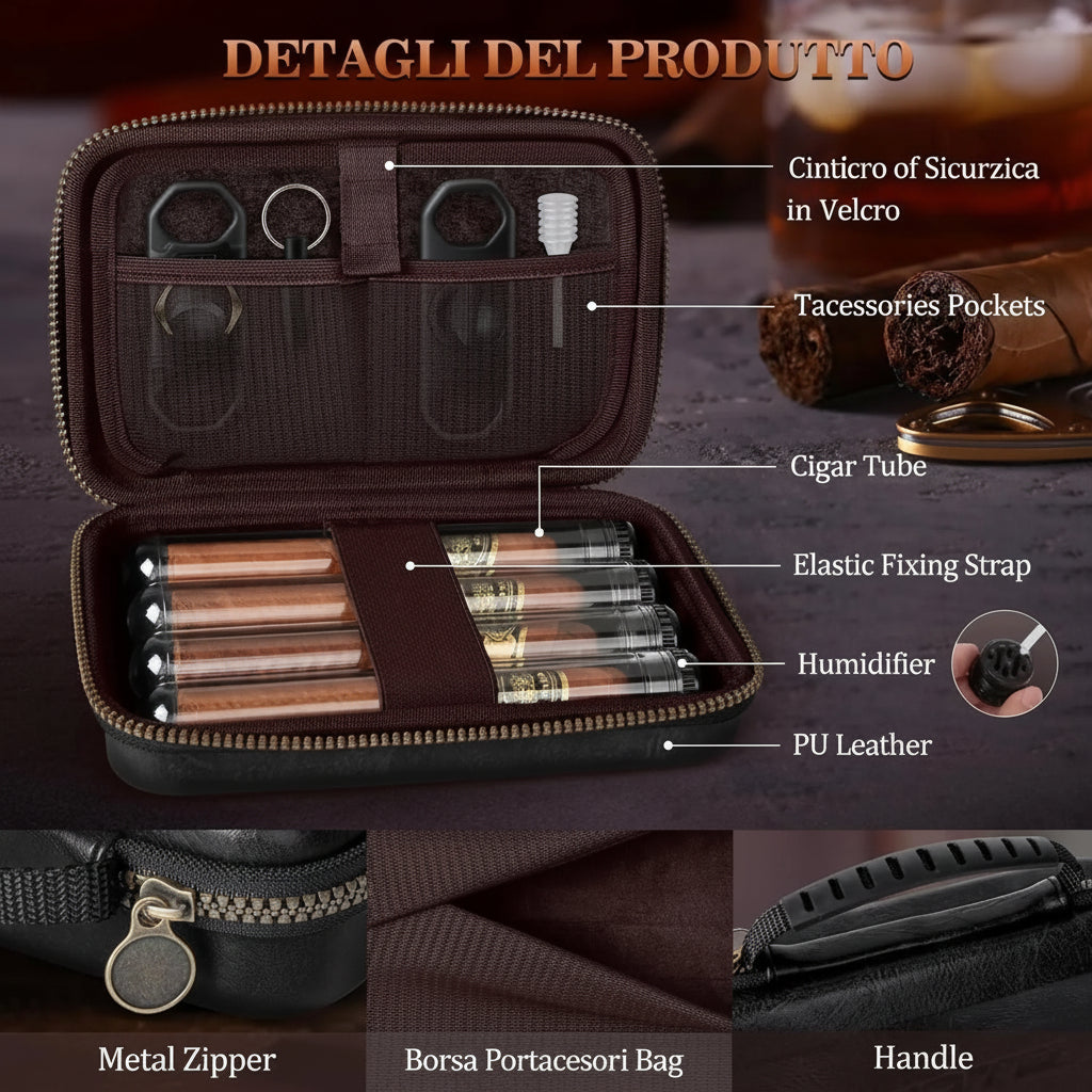 Custodia Sigari in Pelle con 4 Tubi – Taglierina Piatta, V-Cutter e Perforatore Inclusi