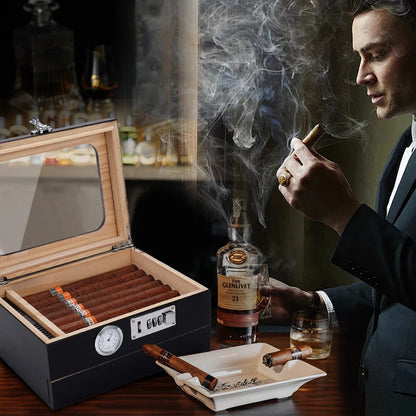 Humidor da Tavolo in Legno di Cedro con Vetro Temperato, Igrometro Digitale e Cassetto Accessori