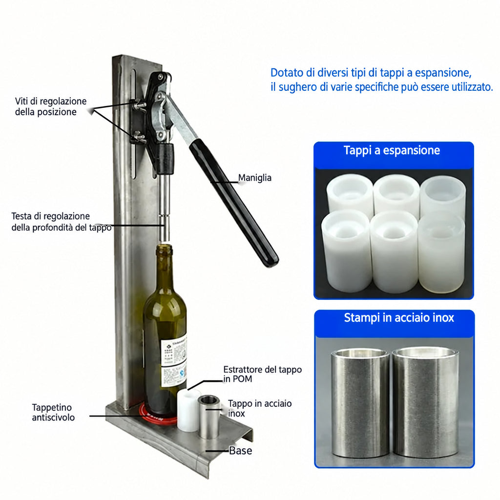 Tappatrice Manuale per Bottiglie di Vino in Acciaio Inox