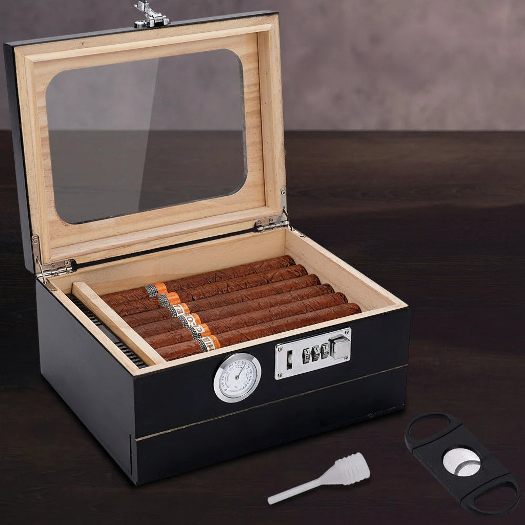 Humidor da Tavolo in Legno di Cedro con Vetro Temperato, Igrometro Digitale e Cassetto Accessori