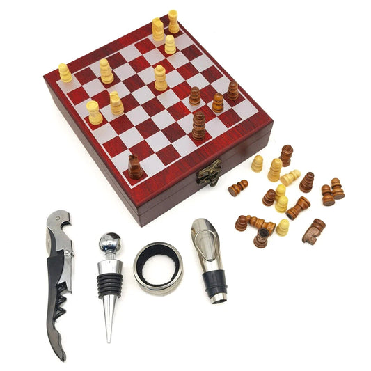 Schachbrett mit Flaschenöffner-Set — Originelles Geschenk für Wein- und Schachliebhaber
