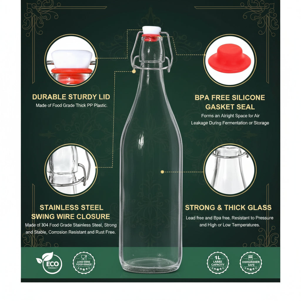 Bottiglie di Vetro da 1L per Fermentazione — Chiusura Ermetica EliteHMX