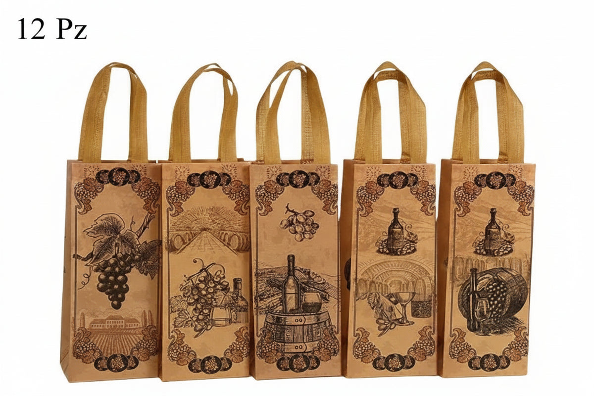 Sacchetti Regalo per Bottiglie di Vino Vintage | Set da 4, 8 o 12 pz – Non Tessuto