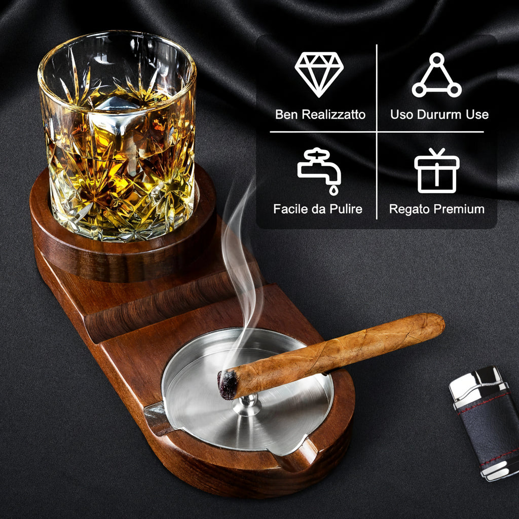Posacenere con Porta Bicchiere da Whiskey e Sigaro — Vassoio in Legno Rimovibile, Uso Interno ed Esterno