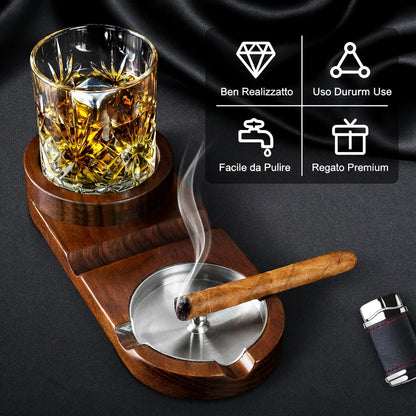 Posacenere con Porta Bicchiere da Whiskey e Sigaro — Vassoio in Legno Rimovibile, Uso Interno ed Esterno
