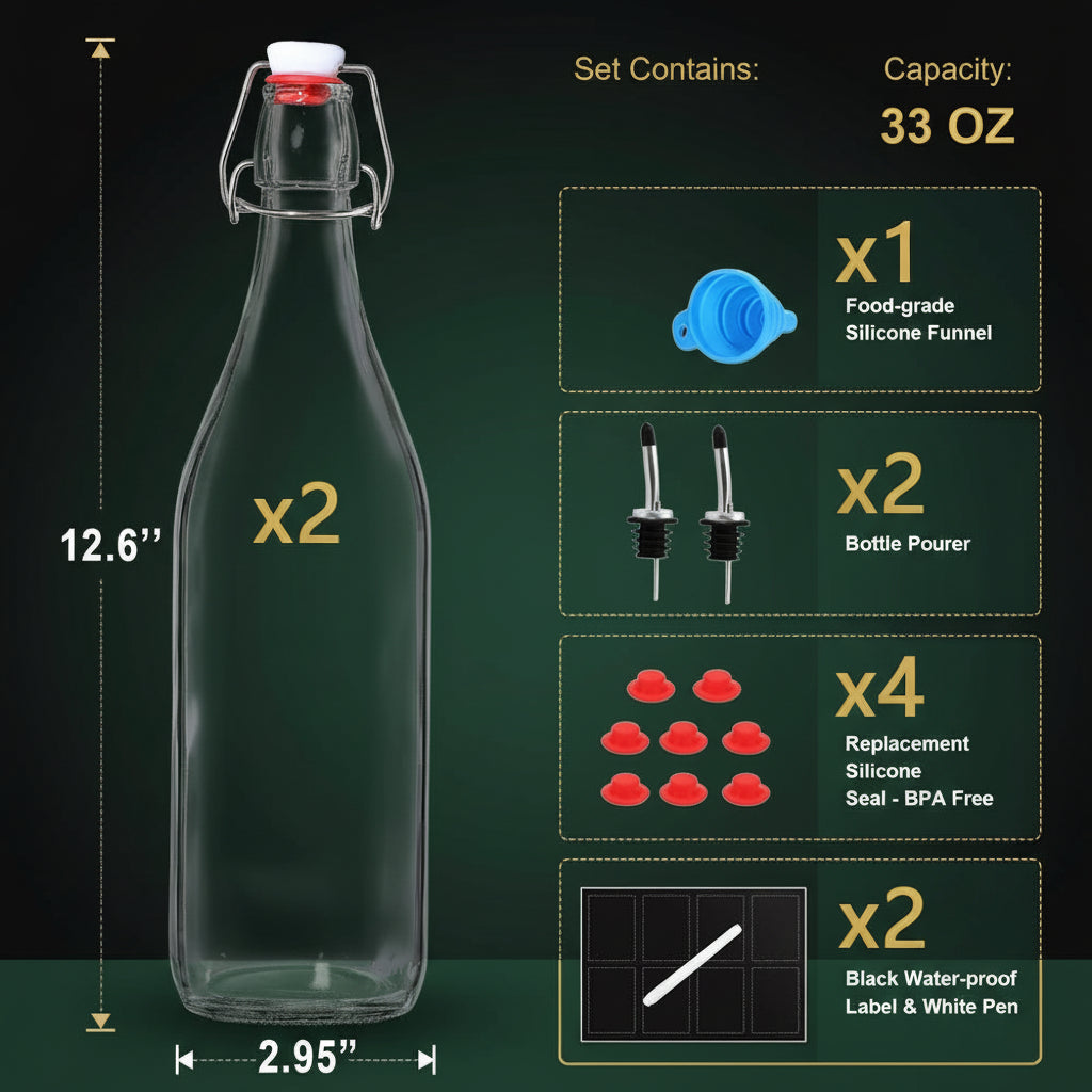 Bottiglie di Vetro da 1L per Fermentazione — Chiusura Ermetica EliteHMX