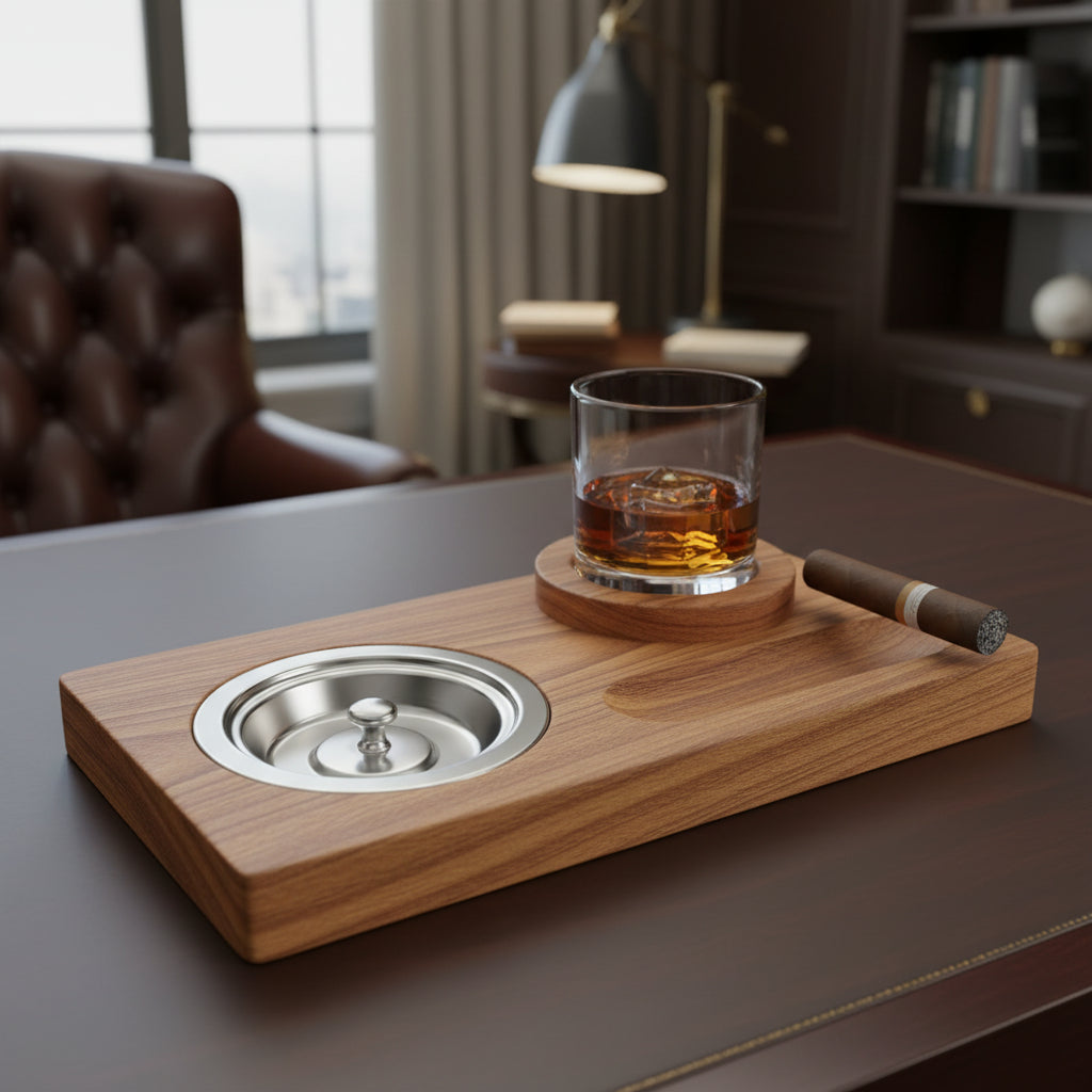 Posacenere con Porta Bicchiere da Whiskey e Sigaro — Vassoio in Legno Rimovibile, Uso Interno ed Esterno