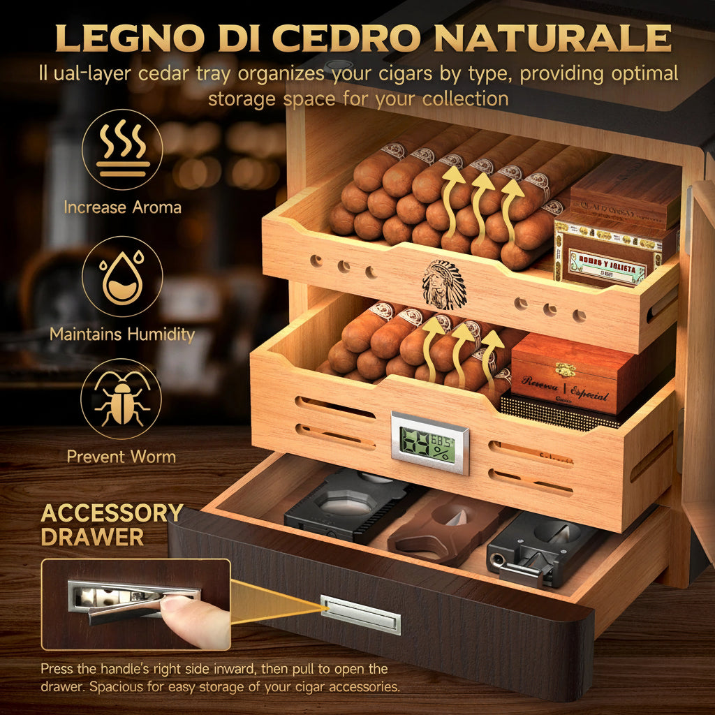 Cantinetta Portasigari in Legno di Cedro | LED, Igrometro Digitale, 2 Umidificatori, fino a 100 Sigari