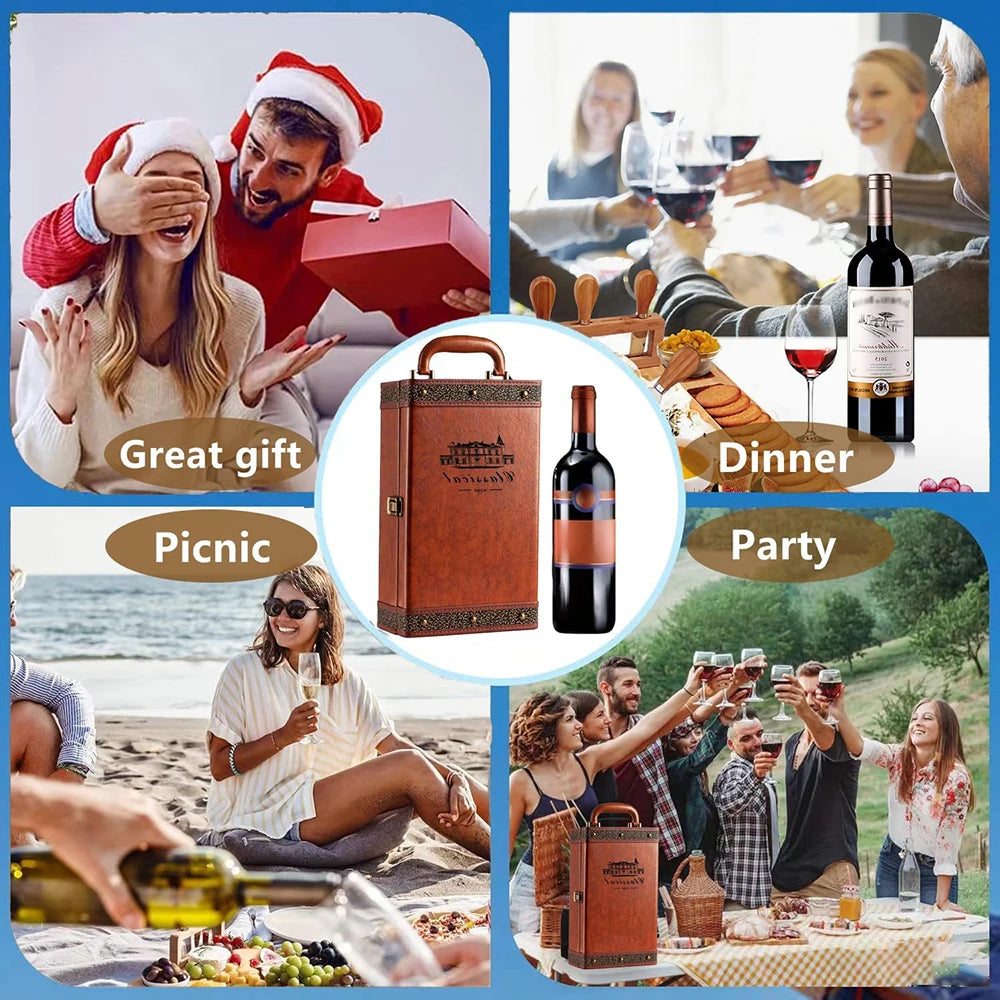 Geschenkverpackung für 2 Flaschen — Komplettset mit 4 Lederaccessoires