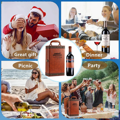Geschenkverpackung für 2 Flaschen — Komplettset mit 4 Lederaccessoires