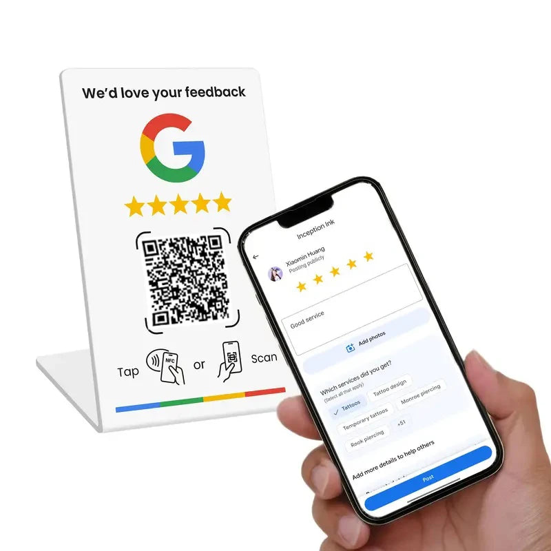 Espositore da tavolo NFC e QR per recensioni Google