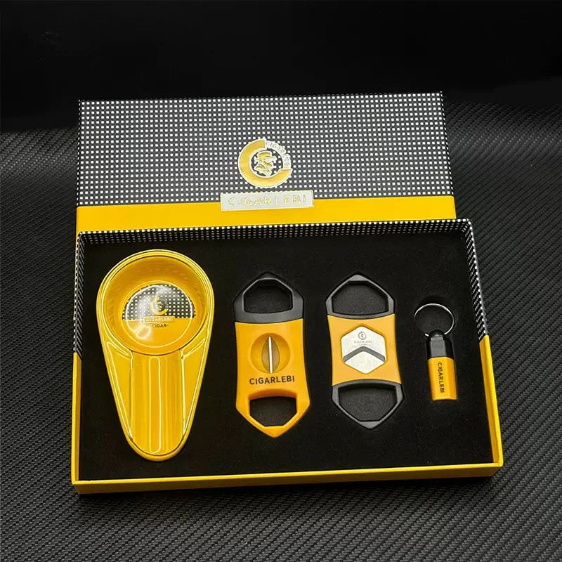 Set 4 Accessori per Sigari – Tagliasigari V-Cut, Taglio Dritto, Posacenere e Punch con Custodia Rigida