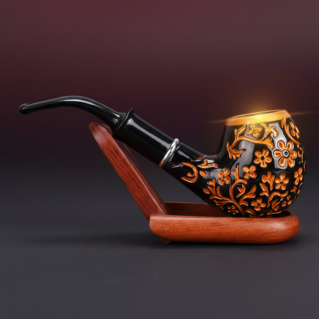 Pipa Curva in Resina con Decorazione Floreale Incisa