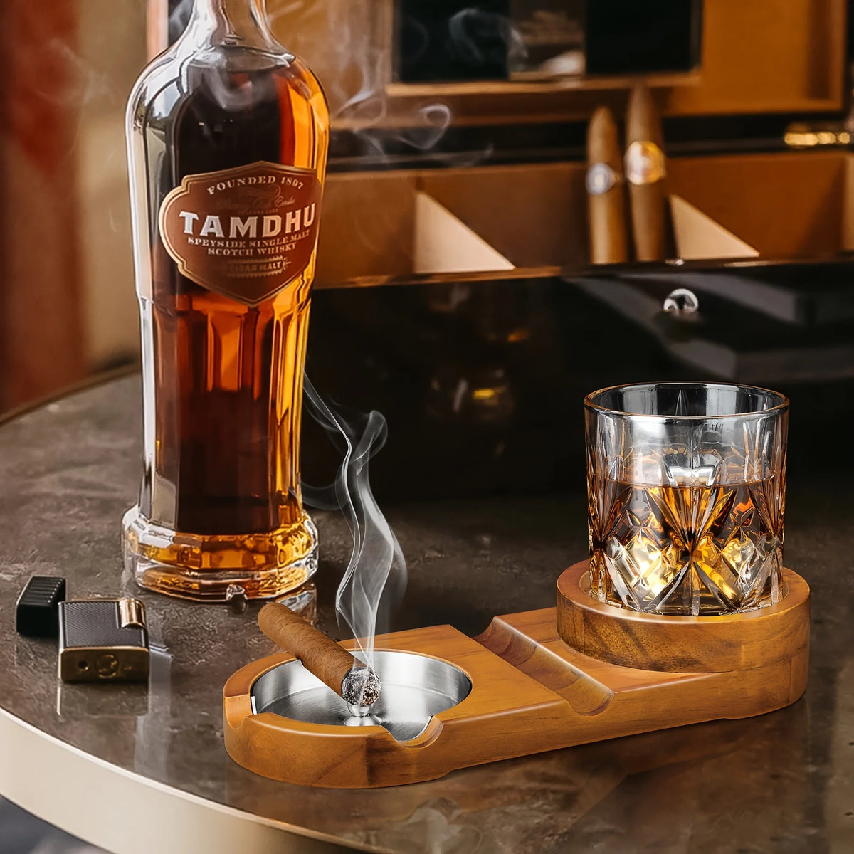 Posacenere con Porta Bicchiere da Whiskey e Sigaro — Vassoio in Legno Rimovibile, Uso Interno ed Esterno