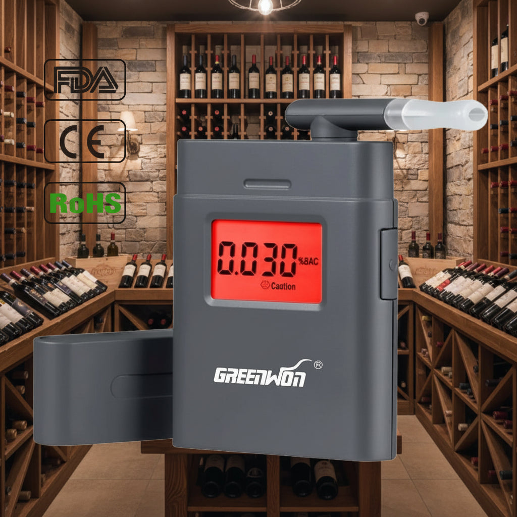 Etilometro Digitale Tascabile GREENWON – Display LCD, Boccaglio 360°, 5 Boccagli Inclusi