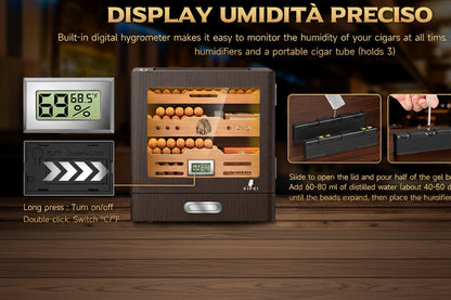 Cantinetta Portasigari in Legno di Cedro | LED, Igrometro Digitale, 2 Umidificatori, fino a 100 Sigari