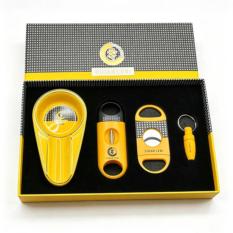Set 4 Accessori per Sigari – Tagliasigari V-Cut, Taglio Dritto, Posacenere e Punch con Custodia Rigida