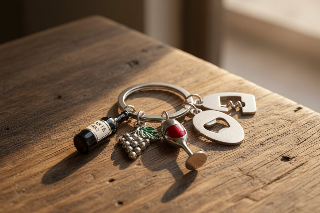 1 portachiavi alla moda a forma di bicchiere da vino rosso in lega, con uva, apribottiglie, ideale per chiavi dell'auto, zaini e portafogli.