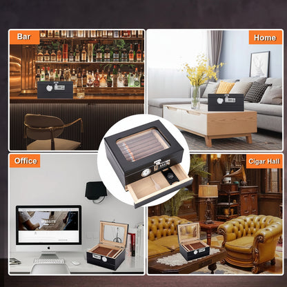 Humidor da Tavolo in Legno di Cedro con Vetro Temperato, Igrometro Digitale e Cassetto Accessori