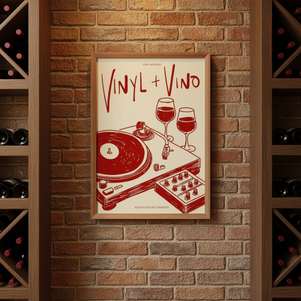 Stampa Artistica su Tela – Vinile & Vino | Illustrazione Musicale da Parete