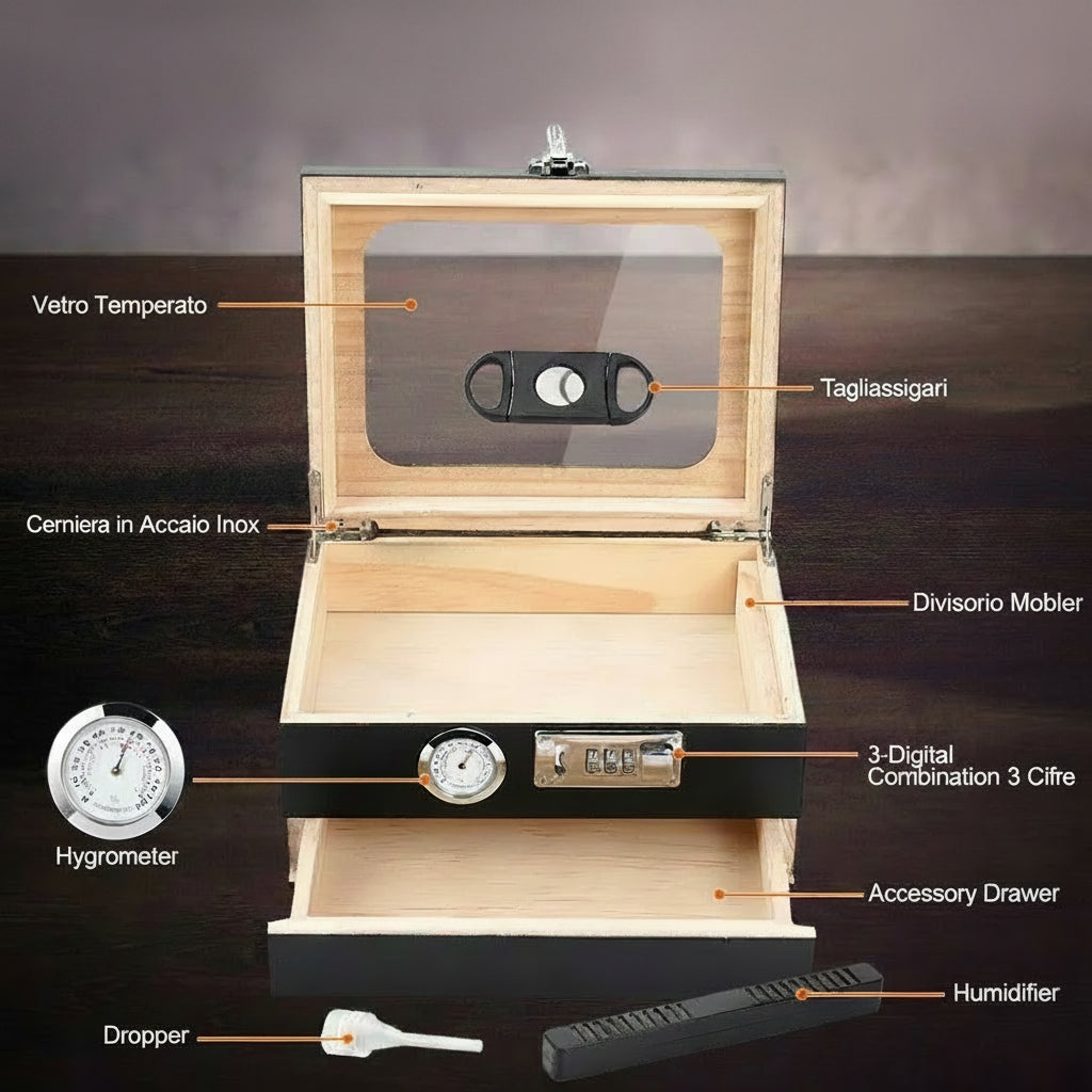 Humidor da Tavolo in Legno di Cedro con Vetro Temperato, Igrometro Digitale e Cassetto Accessori