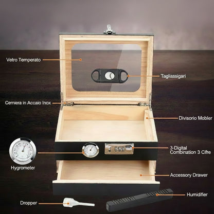 Humidor da Tavolo in Legno di Cedro con Vetro Temperato, Igrometro Digitale e Cassetto Accessori