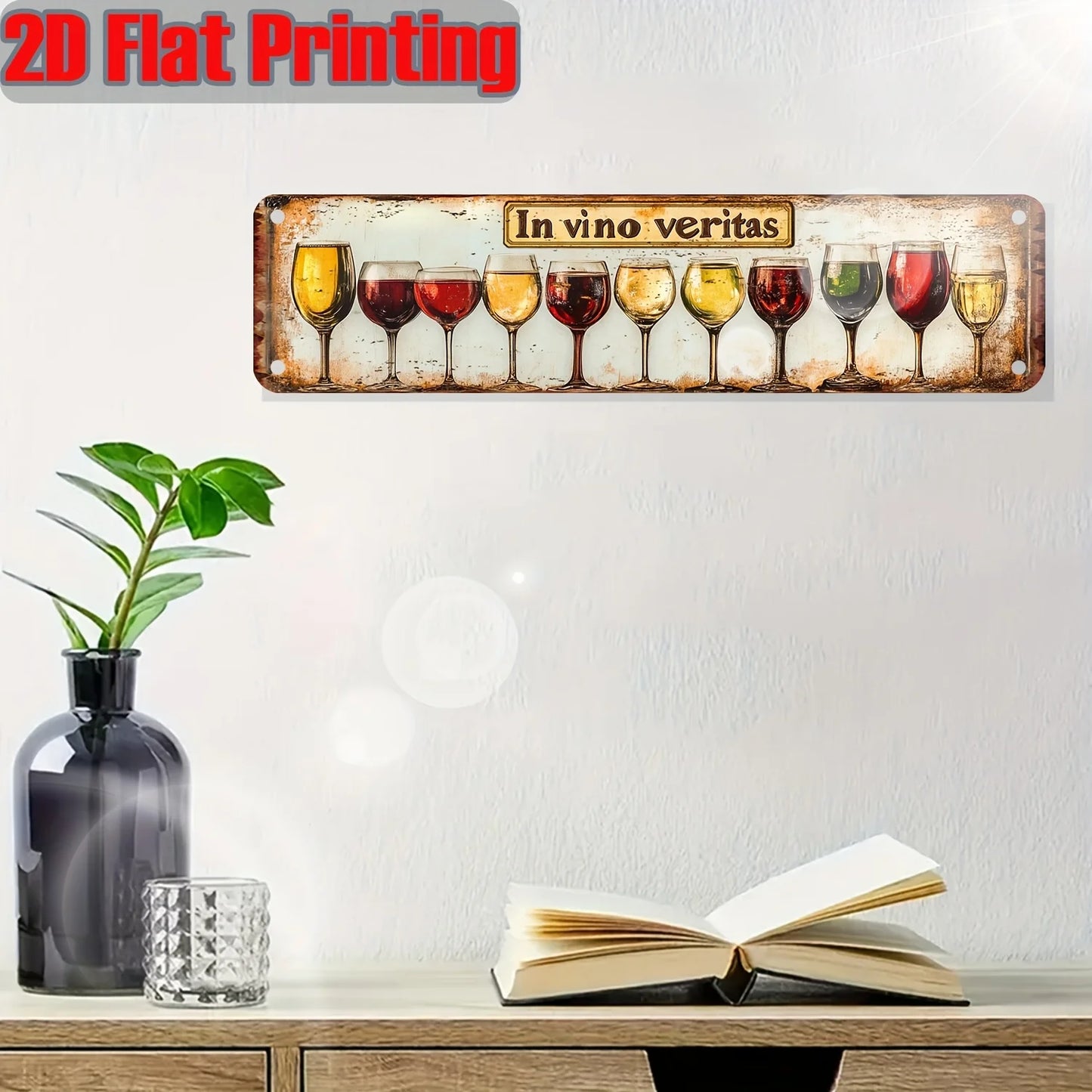 Insegna in metallo vintage "In Vino Veritas", targa decorativa da parete retrò con stampa piatta 2D a forma di bicchieri da vino, poster classico per bar, pub e cucina.