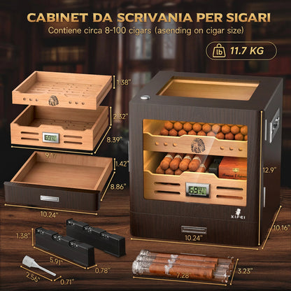 Cantinetta Portasigari in Legno di Cedro | LED, Igrometro Digitale, 2 Umidificatori, fino a 100 Sigari